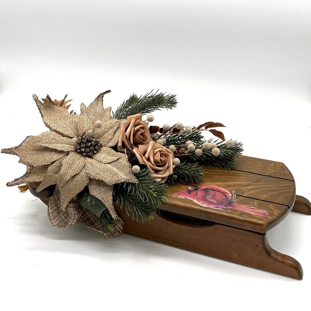 Handmade Wooden Sled Cardinal Red Bird Floral Burlap Christmas Hanging Decor 17"